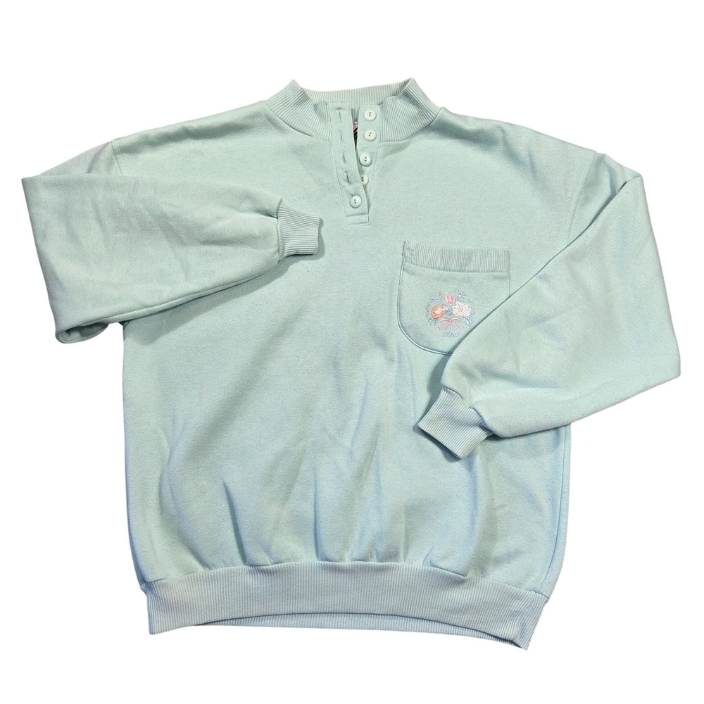 Chic Vtg Mint Green Mock Neck Floral Embroidered Pocket Sweatshirt L Cottagecore